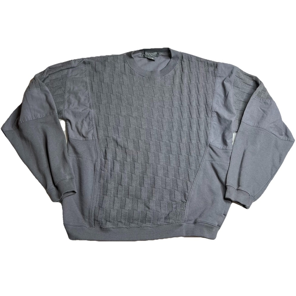 Vintage 90s Banner Chunky Knit Grandpa Sweatshirt Mens L Oversized Gray Pockets
